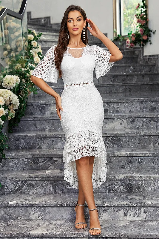 Dresses with Ruffled Sleeves and High Neck for Ladies' Dramatic and Elegant LookWhite Mermaid Lace Short Sleeves Ruffle High-Low Dress