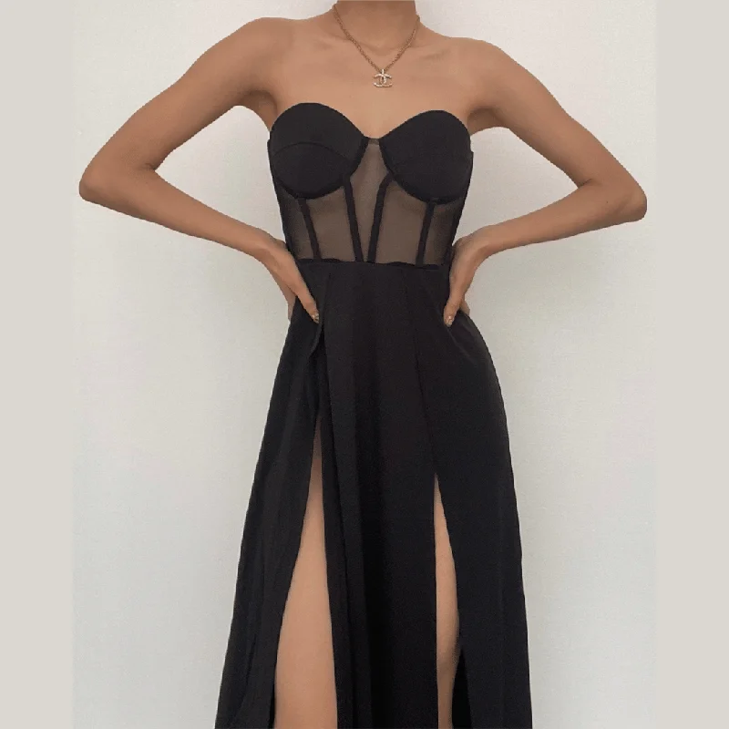 "Limited - Time Offer: Up to 50% Off on Women's Dresses!"BerryBetty - Mesh heart neck high slit pleated tube maxi dress "Limited - Time Offer: Up to 50% Off on Women's Dresses!"BerryBetty - Mesh heart neck high slit pleated tube maxi dress