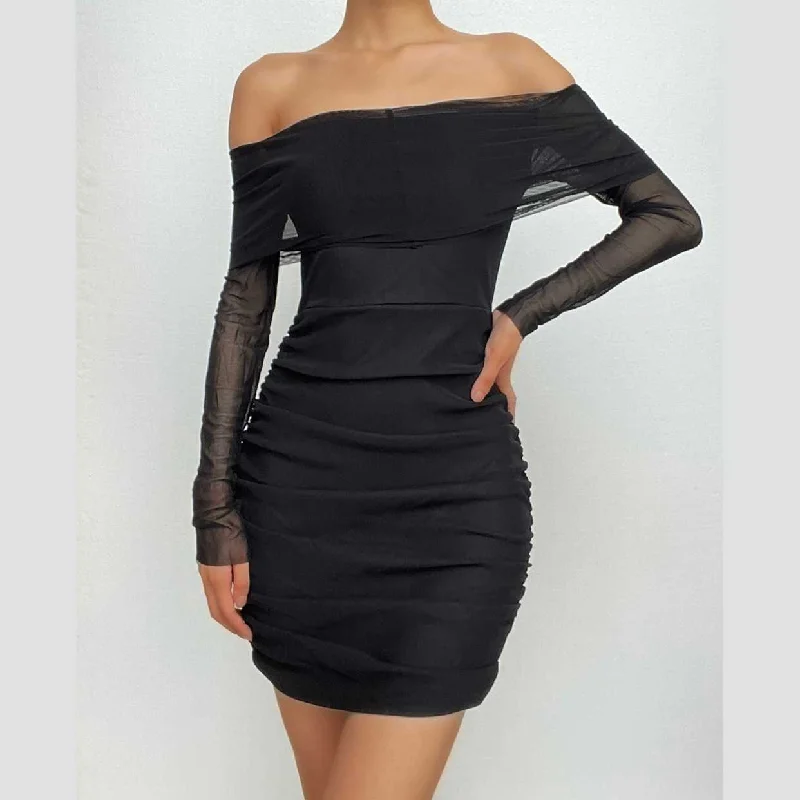 "Designer - inspired women's evening dresses"BerryBetty - Mesh off shoulder solid long sleeve ruched mini dress "Designer - inspired women's evening dresses"BerryBetty - Mesh off shoulder solid long sleeve ruched mini dress