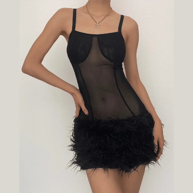 Clearance Sale: Women's Dresses BerryBetty - Mesh see through feather sleeveless backless mini dress