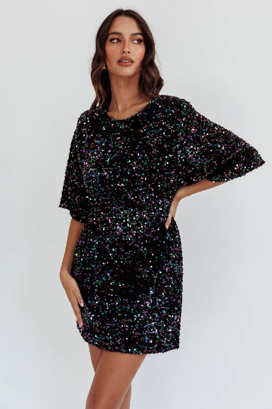 "Satin dresses for women for a luxurious appearance"Miramar Backless Sequin Dress Black Multi