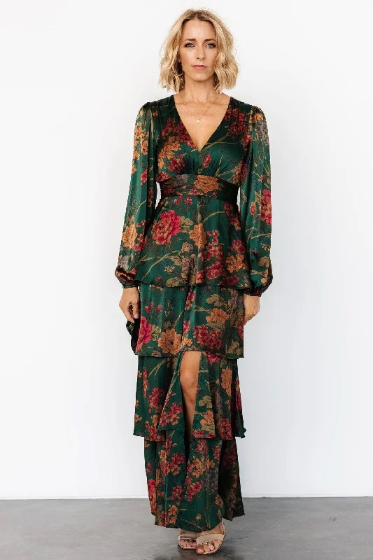 Earthy Brown Maxi Dresses for a Natural LookMontrouge Tiered Satin Dress | Emerald Floral