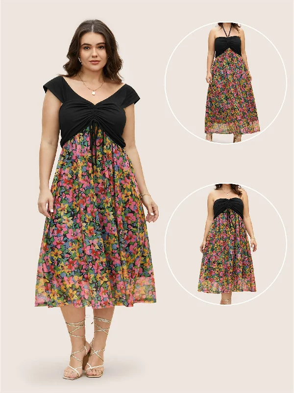 Long - Sleeved Maxi Dresses for Autumn and WinterEverywhere Dress - Floral Patchwork Drawstring Dress