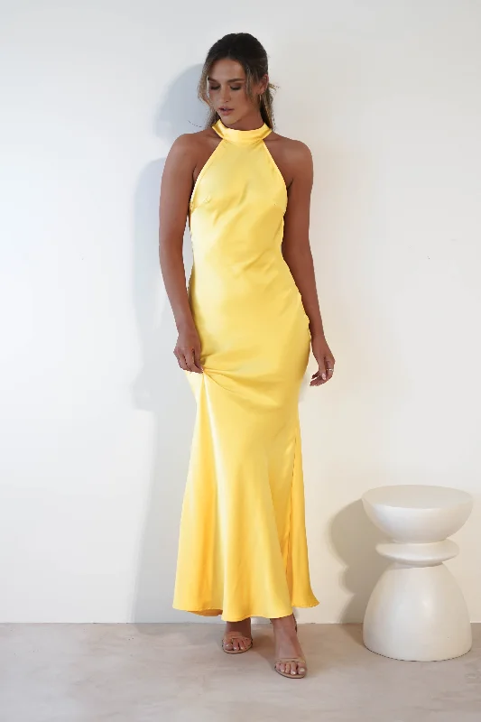 High - Waisted Maxi Dresses to Create Long Leg LinesNatalia Soft Satin Maxi Dress | Bright Yellow High - Waisted Maxi Dresses to Create Long Leg LinesNatalia Soft Satin Maxi Dress | Bright Yellow