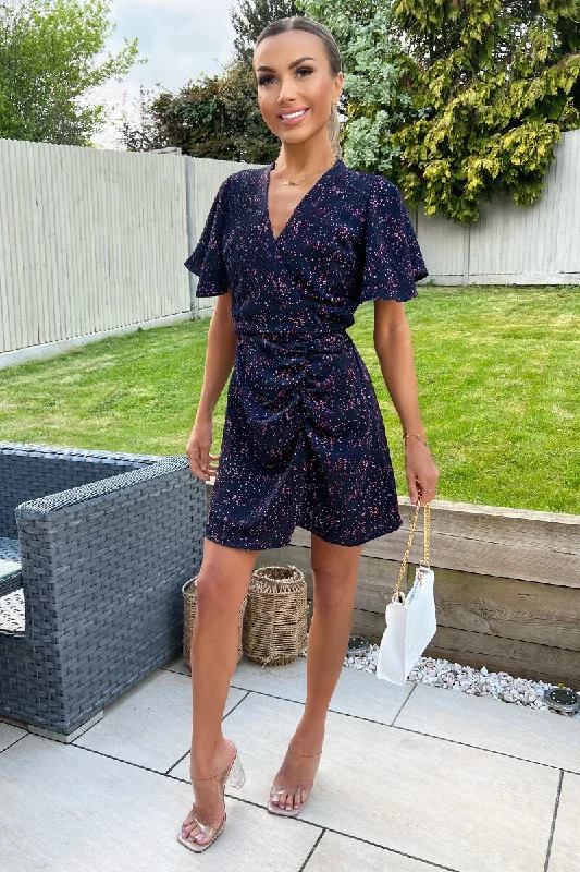 "Maxi dresses for women to wear in the fall"Navy And Pink Printed Short Sleeve Gathered Mini Dress "Maxi dresses for women to wear in the fall"Navy And Pink Printed Short Sleeve Gathered Mini Dress