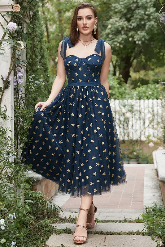 "Animal print dresses for women who love bold styles"Navy Stars A-Line Tea-Length Prom Dress With Bowknots "Animal print dresses for women who love bold styles"Navy Stars A-Line Tea-Length Prom Dress With Bowknots