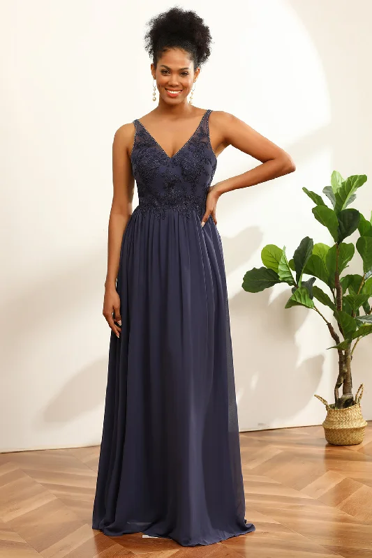 "T - shirt dresses for women for ultimate comfort"Navy V-Neck Long Chiffon Bridesmaid Dress with Open Back "T - shirt dresses for women for ultimate comfort"Navy V-Neck Long Chiffon Bridesmaid Dress with Open Back