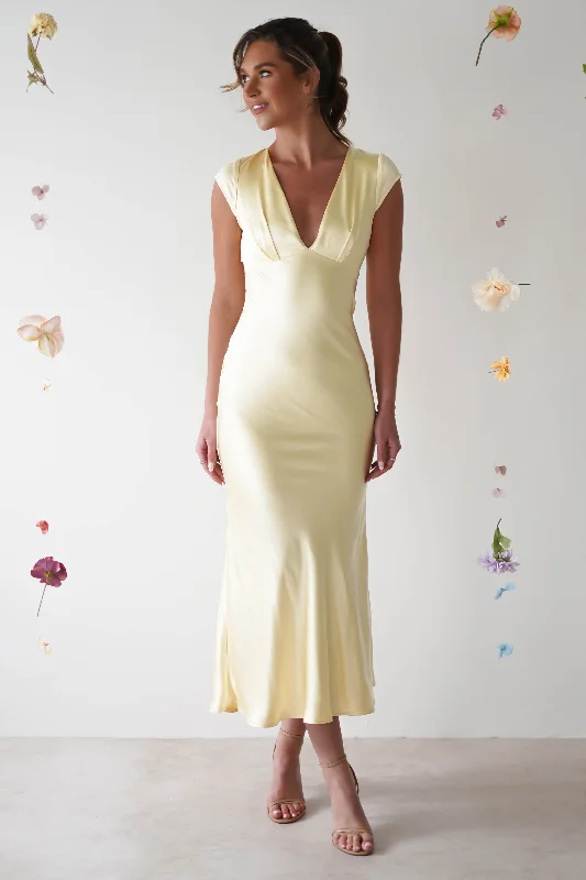 Gothic - Style Black Maxi Dresses for Alternative EventsNellie Soft Satin Midaxi Dress | Butter Yellow