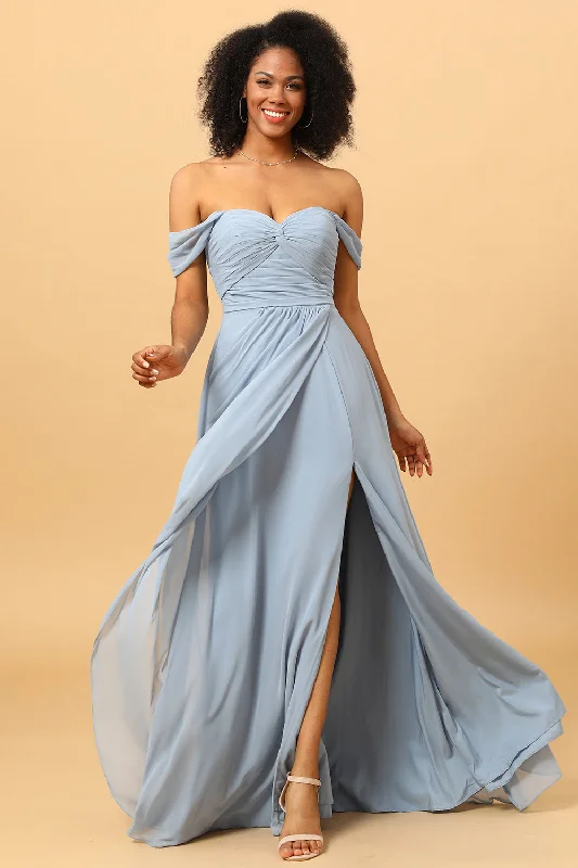 "Work - appropriate dresses for professional women"Off Shoulder Chiffon Blue Bridesmaid Dress with Slit "Work - appropriate dresses for professional women"Off Shoulder Chiffon Blue Bridesmaid Dress with Slit