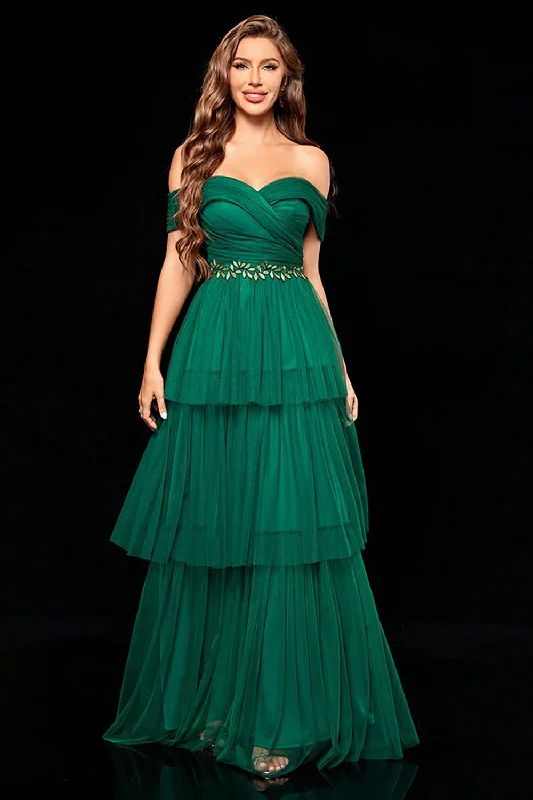 One Shoulder Dresses with Ruffled Sleeve for Ladies' Fashion StatementOff the Shoulder Dark Green Tiered Prom Dress with Ruffles