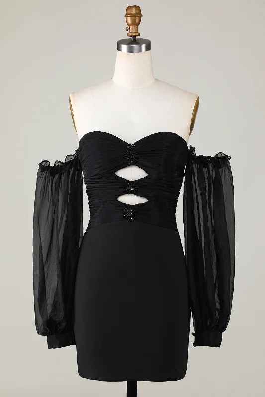 "Plus size formal dresses for women for special events"Off The Shoulder Keyhole Black Homecoming Dress with Beading "Plus size formal dresses for women for special events"Off The Shoulder Keyhole Black Homecoming Dress with Beading