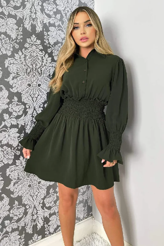 "A - line dresses for women to flatter the figure"Olive Shirred Waist Long Sleeve Shirt Dress "A - line dresses for women to flatter the figure"Olive Shirred Waist Long Sleeve Shirt Dress
