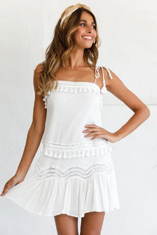 "Petite women's dresses with flattering fits"Ophira Dropped Waist Tassel Trim Shift Dress White