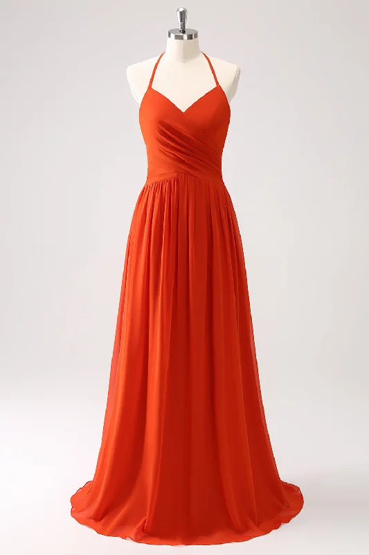 Dresses with Sequined Hearts and Ruffled Hem and Satin and Lace Combo and Bow at the Waist for Ladies' Romantic and Sweet LookOrange A-Line Halter Ruched Long Bridesmaid Dress