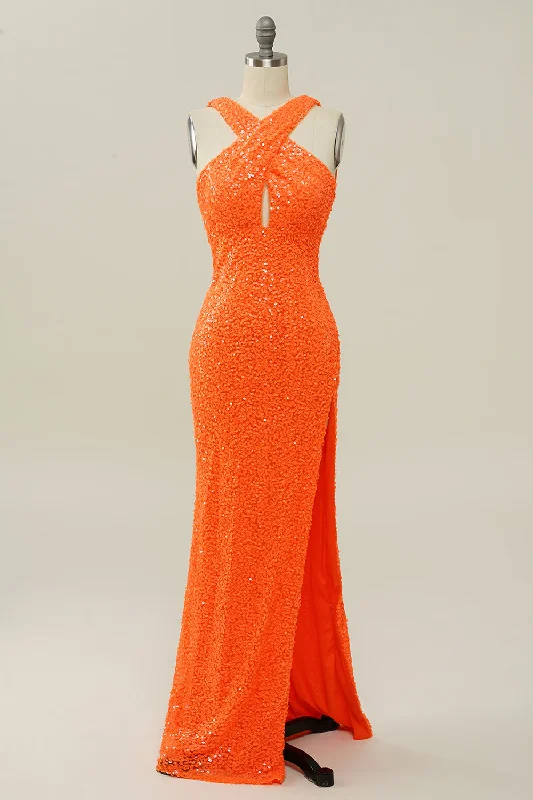 "Striped dresses for women with a classic touch"Orange Halter Sequined Backless Mermaid Prom Dress "Striped dresses for women with a classic touch"Orange Halter Sequined Backless Mermaid Prom Dress