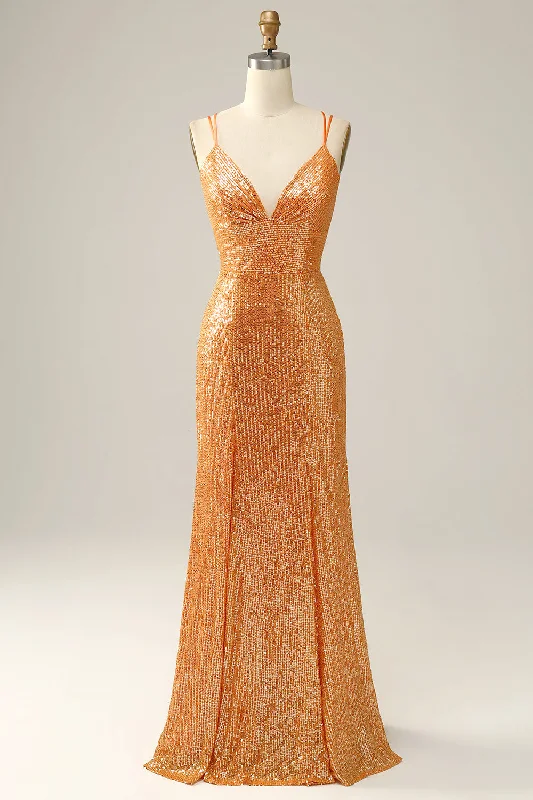 "Beaded dresses for women for a glamorous look"Orange Sequined Backless Mermaid Prom Dress "Beaded dresses for women for a glamorous look"Orange Sequined Backless Mermaid Prom Dress