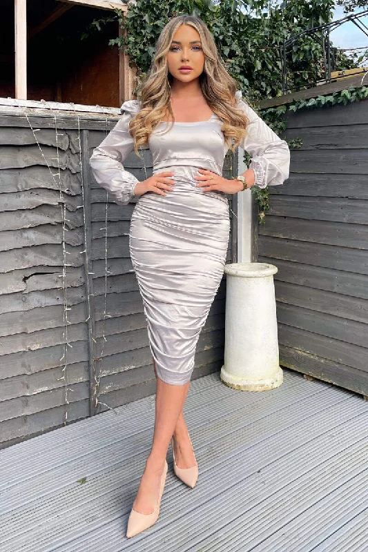 "Animal print dresses for women who love bold styles"Oyster Satin Square Neck Ruched Dress "Animal print dresses for women who love bold styles"Oyster Satin Square Neck Ruched Dress