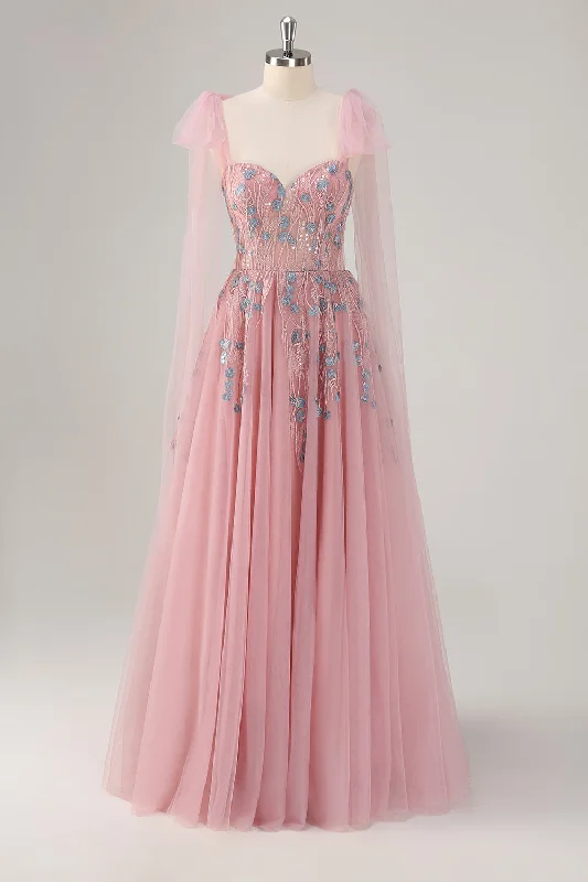 Bohemian Style Maxi Dresses for Ladies with Embroidered DetailsPink A-Line Long Prom Dress with Appliques