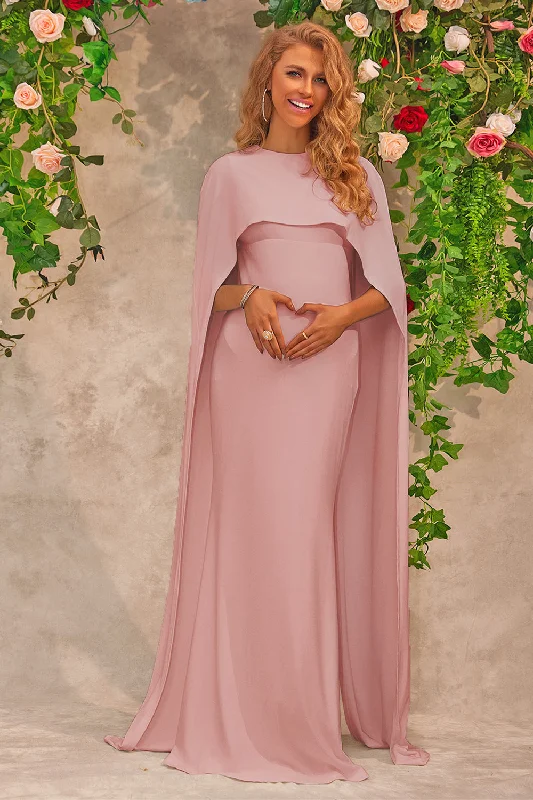 Dresses with Sheer Panels and Beaded Trim for Ladies' Sexy and Polished LookPink Maternity Wedding Guest Dress With Cape