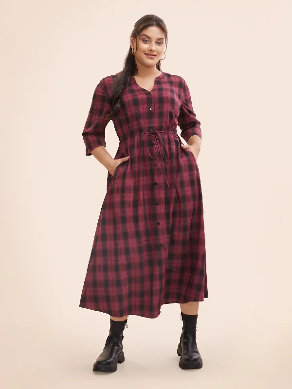 European and American - Style Simple and Elegant Maxi DressesPlaid Drawstring Notched Pocket Maxi Dress