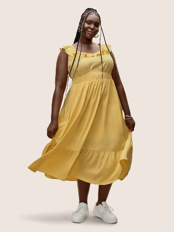 Korean - Style Sweet Maxi DressesPlain Shirred Ruffle Trim Sleeveless Dress