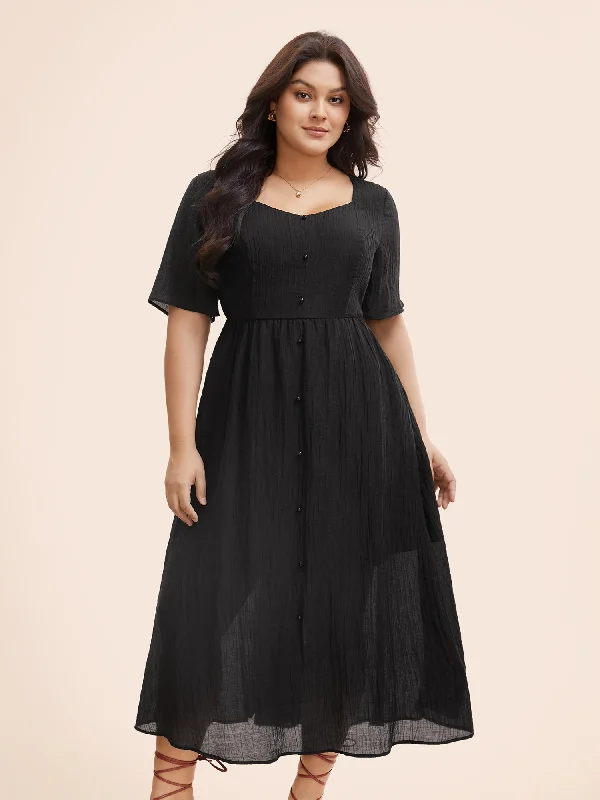 Korean - Style Sweet Maxi DressesPlain Textured Button Detail Maxi Dress