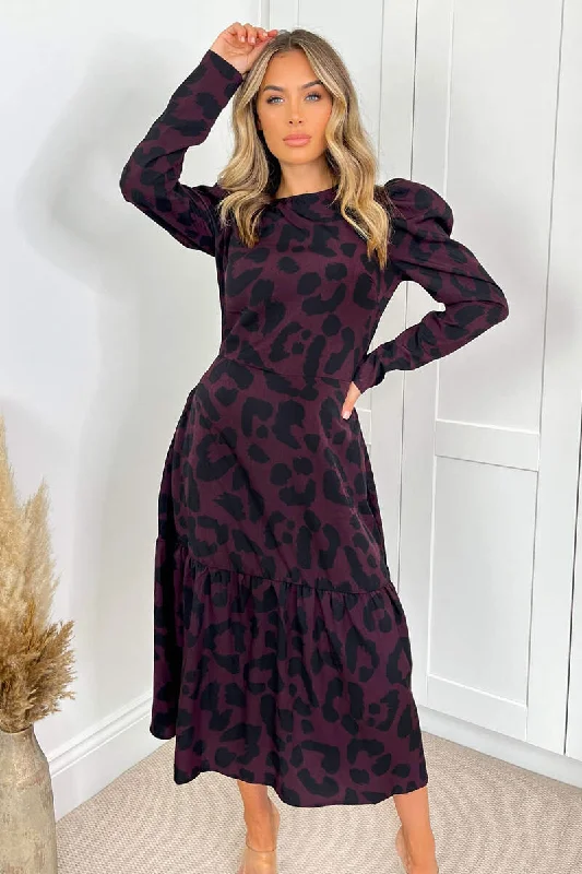 Maxi Dresses for Business - Casual ConferencesPlum And Black Animal Print Long Sleeve Midi Smock Dress
