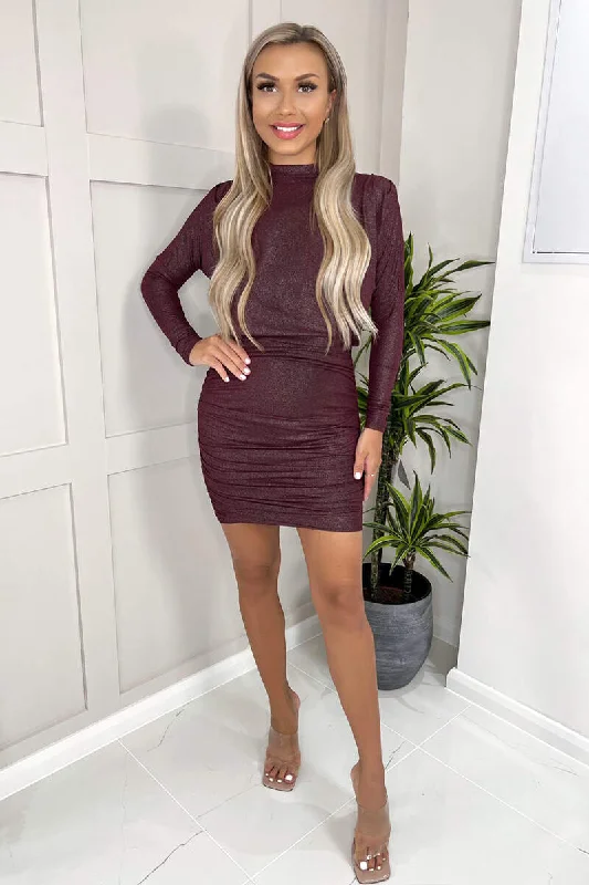 "Sleeveless dresses for women during hot summer days"Plum Long Sleeve Ruched High Neck Shimmer Bodycon Mini Dress