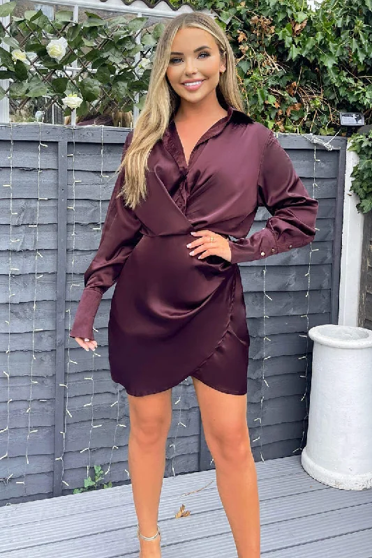 "Striped dresses for women with a classic touch"Plum Satin Wrap Shirt Dress