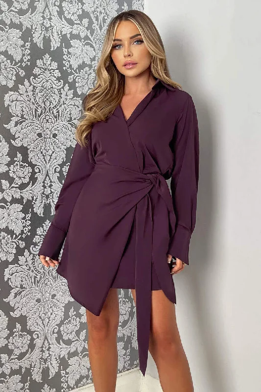 "Pleated dresses for women with a graceful movement"Plum Tie Wrap Long Sleeve Mini Dress