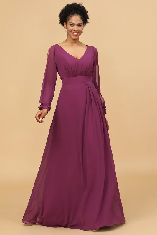 "Ruffled dresses for women for added femininity"Purple Long Sleeves Cold Shoulder Bridesmaid Dress