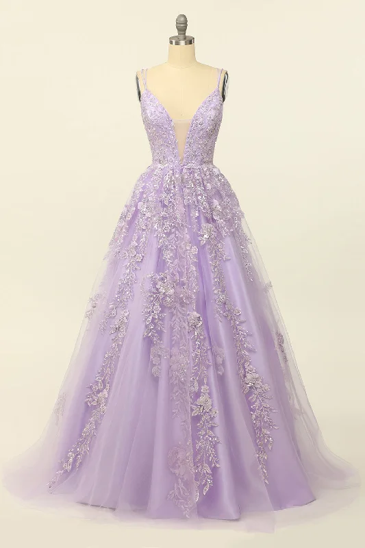 Dresses with Lace and Chiffon Blend for Ladies' Soft and Feminine LookPurple Spaghetti Straps Prom Dress With Appliques