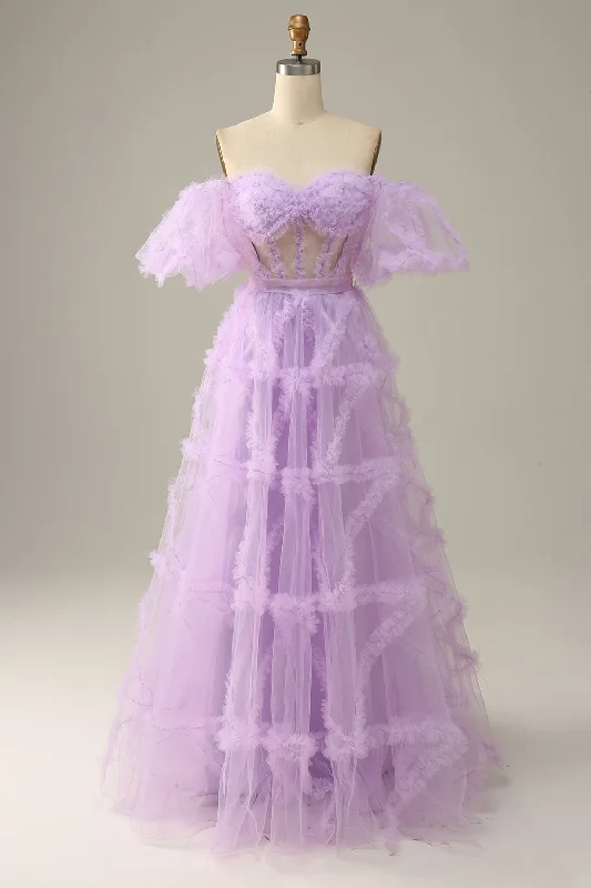 "T - shirt dresses for women for ultimate comfort"Purple Tulle Off The Shoulder Prom Dress "T - shirt dresses for women for ultimate comfort"Purple Tulle Off The Shoulder Prom Dress