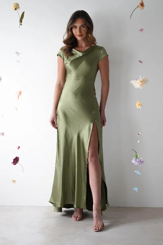 Maxi Dresses with Long - Sleeve Lace Inserts for a Romantic LookRamona Soft Satin Maxi Dress | Olive