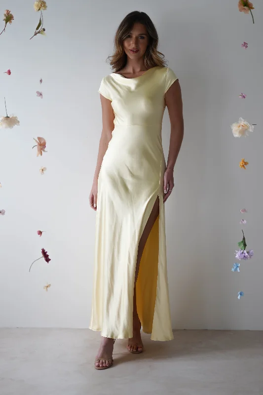 Elegant Silk Maxi Dresses with High SlitsRamona Soft Satin Maxi Dress | Yellow