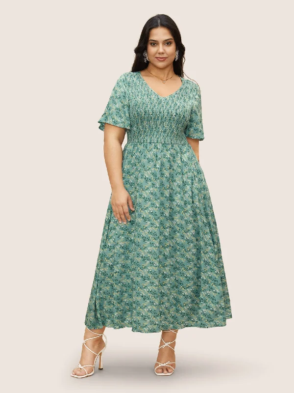 Maxi Dresses for Romantic Date NightsRayon Ditsy Floral V Neck Shirred Dress