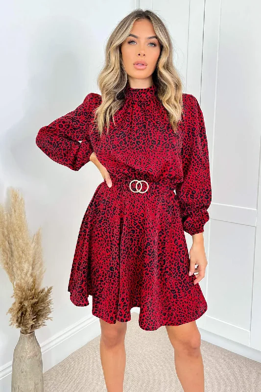 "Affordable plus size women's summer dresses"Red Leopard Print Gold Belted Skater Dress "Affordable plus size women's summer dresses"Red Leopard Print Gold Belted Skater Dress