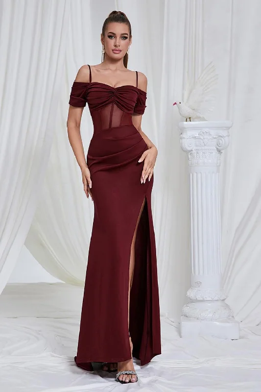 High Neck Chiffon Dresses for Ladies' Modest StyleRed Mermaid Spaghetti Straps Corset Long Prom Dress with Slit