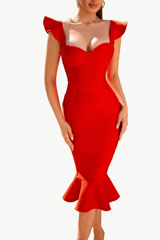 Dresses with Lace Insertions on the Skirt for Ladies' Feminine and Elegant LookRed Sweetheart Mermaid Midi Corset Cocktail Dress