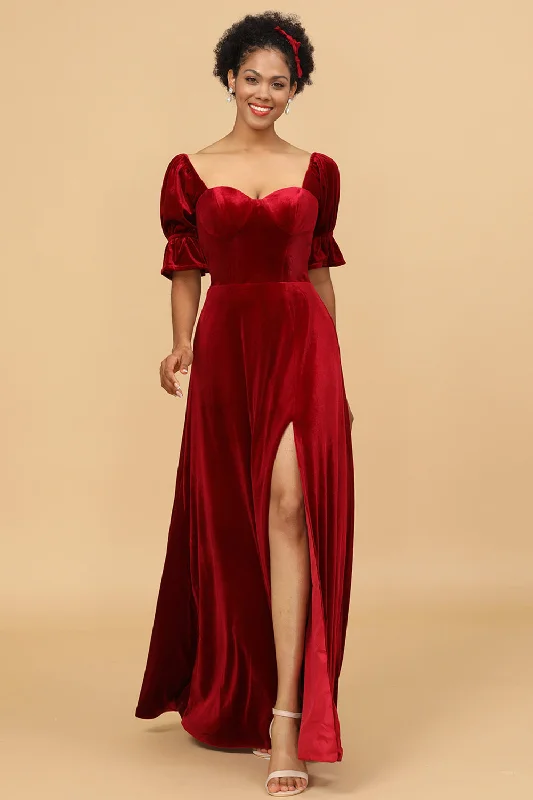 "Animal print dresses for women who love bold styles"Red Velvet Half Sleeves Bridesmaid Dress With Slit