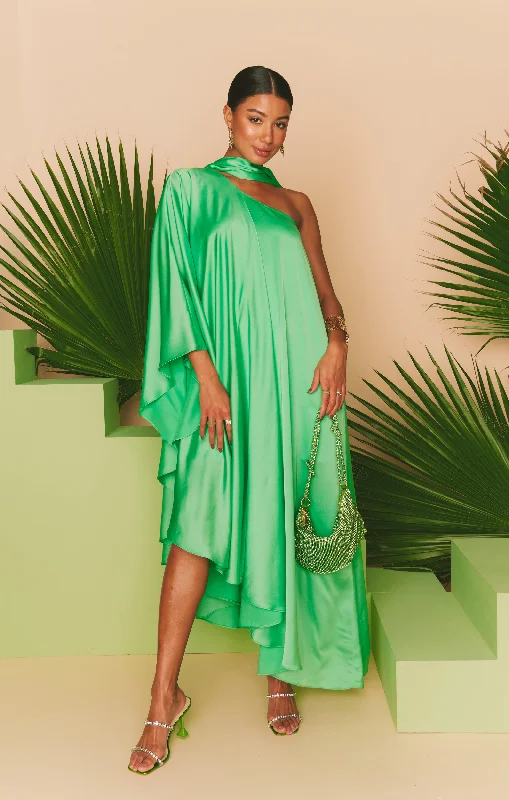 Maxi Dresses with Metallic Thread Embroidery for a Shiny and Luxurious LookRhea One Shoulder Dress ~ Kiwi Luxe Satin