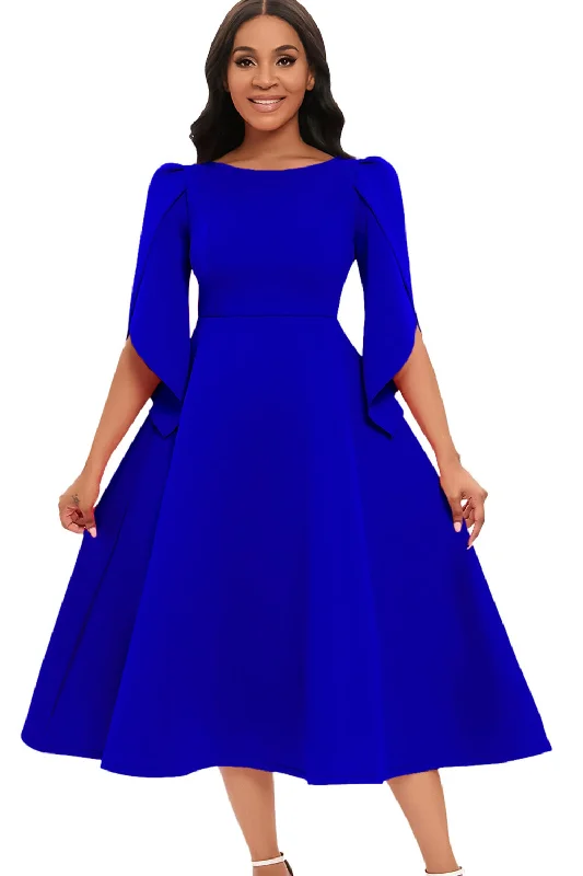 Dresses with Embroidered Birds and Sequined Floral Motifs and Satin and Lace Combo for Ladies' Nature Inspired and Romantic LookFashion Elegant Royal Blue A Line Solid Swing Dress with Half Sleeves