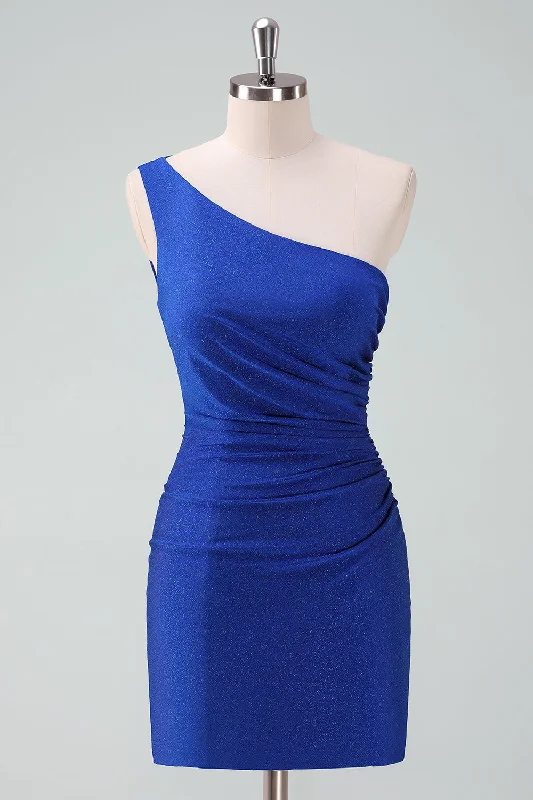 "Off - shoulder dresses for women to show off collarbones"Royal Blue One Shoulder Bodycon Ruched Short Homecoming Dress