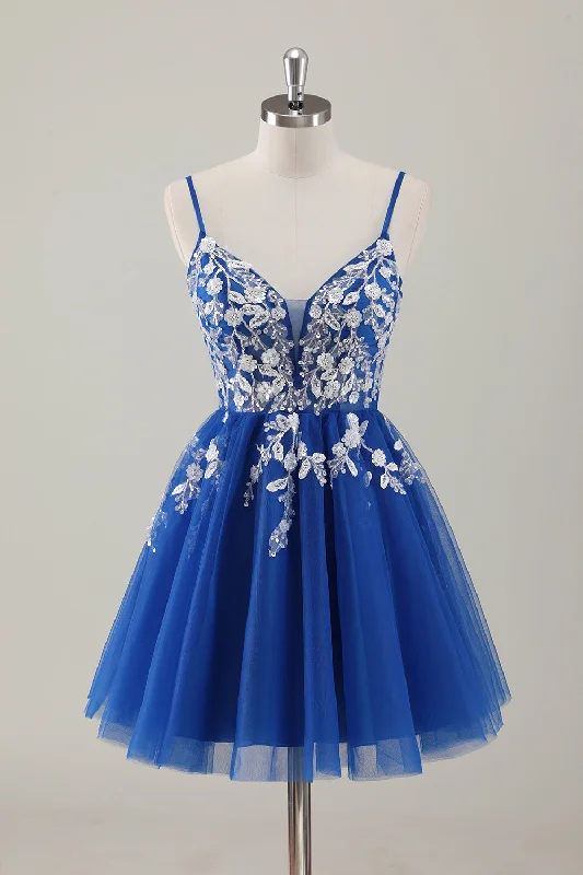 Dresses with Satin Trimmed Collar and Bow Back for Ladies' Classic and Intricate LookRoyal Blue Spaghetti Straps Short Homecoming Dress with Appliques