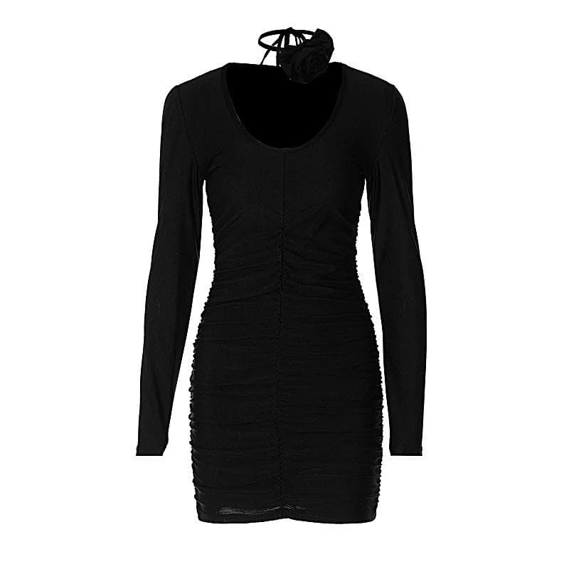 Clearance Sale: Women's Dresses BerryBetty - Ruched long sleeve flower applique u neck solid mini dress Clearance Sale: Women's Dresses BerryBetty - Ruched long sleeve flower applique u neck solid mini dress