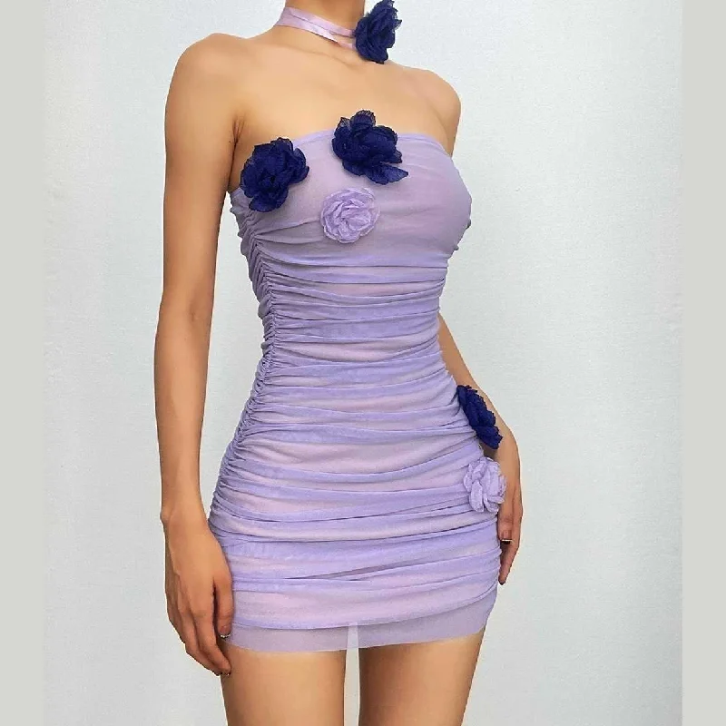 "Stylish cocktail dresses for women on a budget"BerryBetty - Ruched mesh flower applique backless tube mini dress "Stylish cocktail dresses for women on a budget"BerryBetty - Ruched mesh flower applique backless tube mini dress