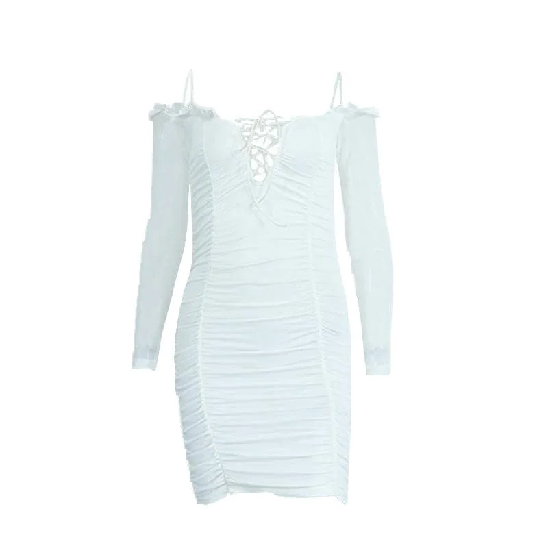"Boho wedding dresses for women for a free - spirited vibe"BerryBetty - Ruffle off shoulder lace up solid mesh long sleeve ruched mini dress "Boho wedding dresses for women for a free - spirited vibe"BerryBetty - Ruffle off shoulder lace up solid mesh long sleeve ruched mini dress