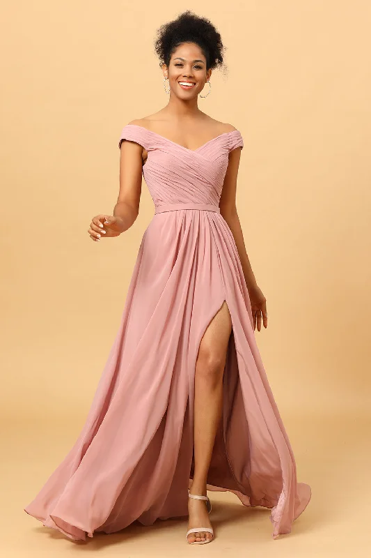 "T - shirt dresses for women for ultimate comfort"Ruffles Chiffon Pink Bridesmaid Dress with Slit "T - shirt dresses for women for ultimate comfort"Ruffles Chiffon Pink Bridesmaid Dress with Slit