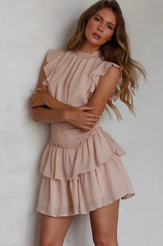 "Lace dresses for women for a romantic and elegant look"San Jacinto Ruffle Shoulder Mini Dress Blush "Lace dresses for women for a romantic and elegant look"San Jacinto Ruffle Shoulder Mini Dress Blush