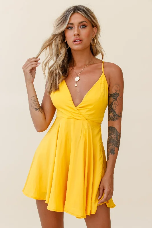 Dresses with Sheer Sleeve and Sequined Cuffs and Bow at the Waist for Ladies' Elegant and Sweet LookSecret Place Strappy Tie Back Party Dress Yellow